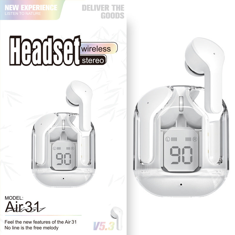 New Mini Transparent Wireless Bluetooth Headset Digital Display ENC Noise Reduction True Wireless Sports Music White Extra Long Range