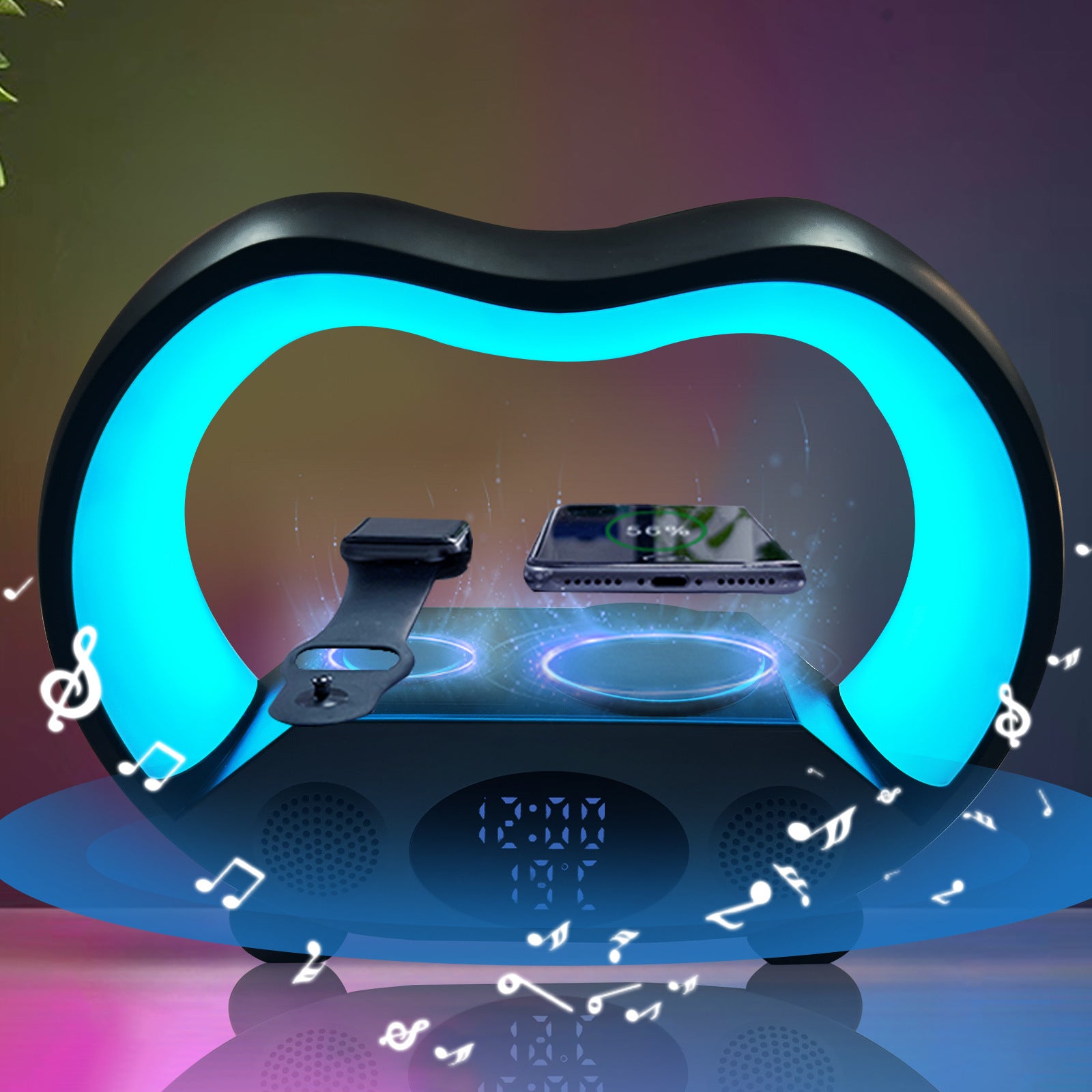 2024 New 6 In 1 Smart Remote Control Bluetooth Ambience Intelligent LED Table Lamp Multi-function Wireless Charger Night Light Bluetooth Speaker Black