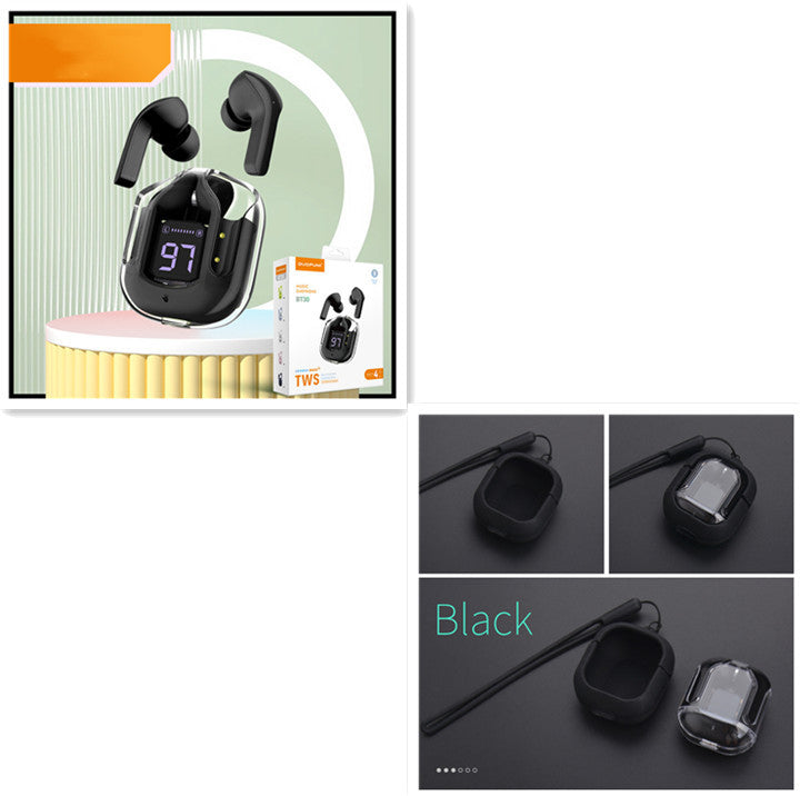 New Mini Transparent Wireless Bluetooth Headset Digital Display ENC Noise Reduction True Wireless Sports Music Large gift box Black set