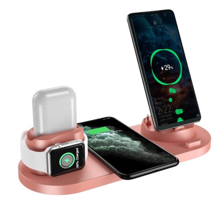 Wireless Charger For IPhone Fast Charger For Phone Fast Charging Pad For Phone Watch 6 In 1 Charging Dock Station Pink 15W USB