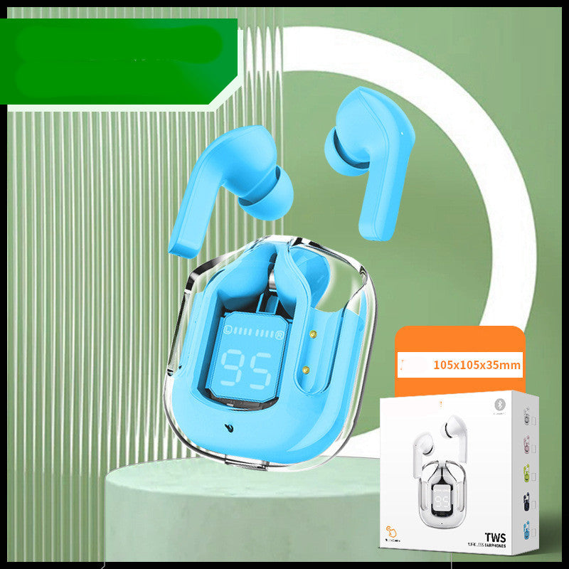 New Mini Transparent Wireless Bluetooth Headset Digital Display ENC Noise Reduction True Wireless Sports Music Small square box blue