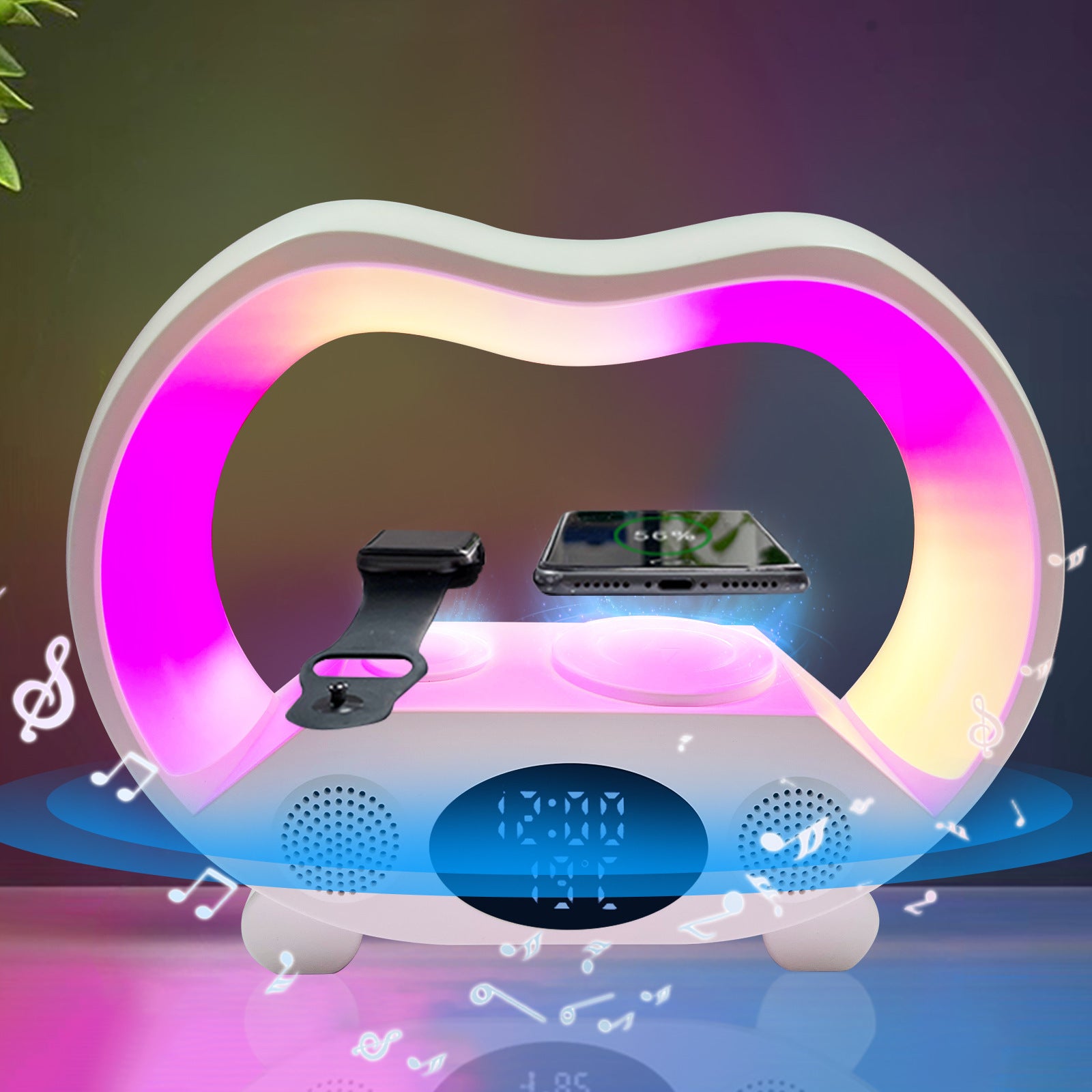 2024 New 6 In 1 Smart Remote Control Bluetooth Ambience Intelligent LED Table Lamp Multi-function Wireless Charger Night Light Bluetooth Speaker White