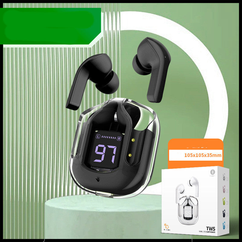 New Mini Transparent Wireless Bluetooth Headset Digital Display ENC Noise Reduction True Wireless Sports Music Small square box black